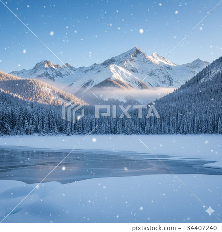 白雪皚皚的山巒和森林全景。冬季圖片/背景素材,適用於廣告宣傳。 白雪皚皚的山巒和森林全景。冬季圖片/背景素材,適用於廣告宣傳。 134407240