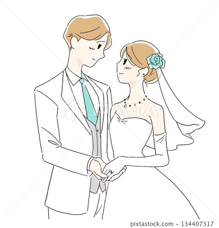 Illustration of a bride and groom facing each other - A simple and gentle wedding image Illustration of a bride and groom facing each other - A simple and gentle wedding image 134407317