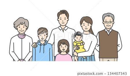 家庭插畫向量素材（三代，7 位成員） 134407343