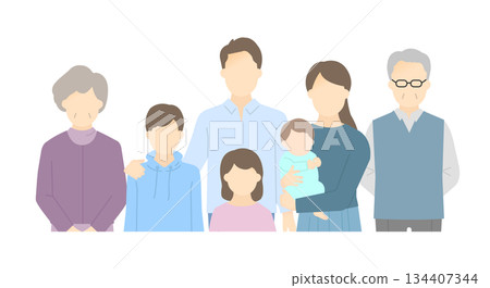 家庭插畫向量素材（三代，7 位成員） 134407344