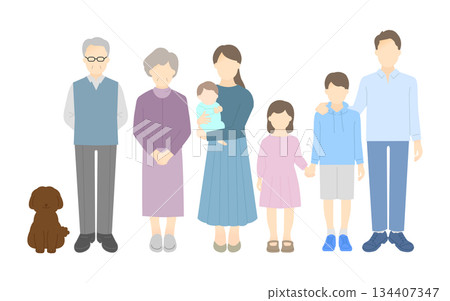 家庭插畫向量素材（三代，7 位成員） 134407347