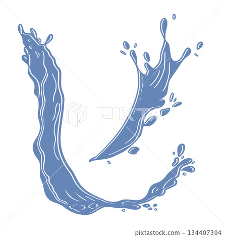Dynamic water splash vector silhouette set hand drawn. Abstract liquid motion graphic element for design product. Outline waves and drops illustrations for fresh drink packaging. 134407394