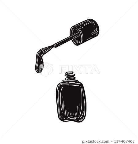 Nail polish bottle with applicator and drip black silhouette. Hand drawn vector graphic element for cosmetic illustration. Beauty object for manicure and pedicure design. Polish drop on brush tip. Nail polish bottle with applicator and drip black silhouette. Hand drawn vector graphic element for cosmetic illustration. Beauty object for manicure and pedicure design. Polish drop on brush tip. 134407405