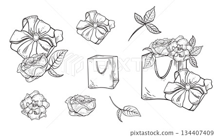 Various vector outlines elements for gift and flower arrangements with roses, bow, and shopping bag. Holiday present design for birthday or Valentines Day. Black white linear drawing for Women's Day. Various vector outlines elements for gift and flower arrangements with roses, bow, and shopping bag. Holiday present design for birthday or Valentines Day. Black white linear drawing for Women's Day. 134407409