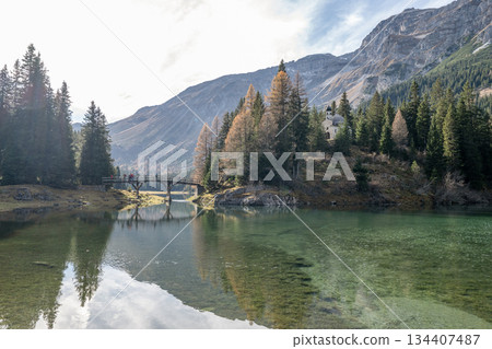 Chapel Maria by the lake Summer time at romantic forest Lake Obernberg scenic mountain lakes landscape in Austria, Tyrol 134407487