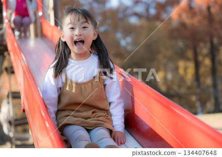 A girl playing on a slide in a park with autumn leaves. The park is the best! A happy smile! A laughing child on an autumn/winter outing or leisure trip. A girl playing on a slide in a park with autumn leaves. The park is the best! A happy smile! A laughing child on an autumn/winter outing or leisure trip. 134407648