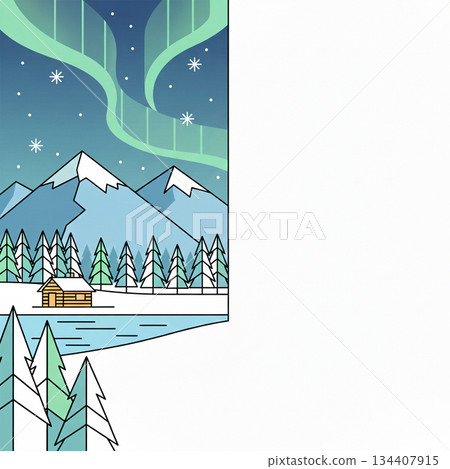 簡約的北歐風格冬季背景插圖，展現了白雪皚皚的山峰和森林景色，並留有文字空間。 134407915