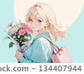 Illustration of a cute girl holding a bouquet 134407944