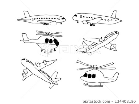 Airplane and helicopter hand drawn illustration set 134408180