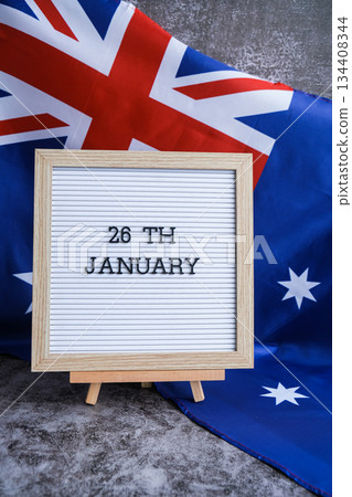 Letterboard with text 26th JANUARY national day promotions. Trendy patriotic mockup with date emphasis Australian flag Letterboard with text 26th JANUARY national day promotions. Trendy patriotic mockup with date emphasis Australian flag 134408344