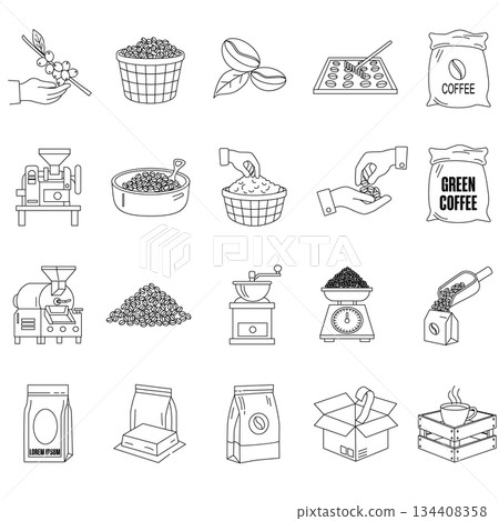 This illustration presents a comprehensive set of 20 minimalist line art icons detailing the coffee production process. It starts with the hand-picking of coffee cherries from the branch, followed by This illustration presents a comprehensive set of 20 minimalist line art icons detailing the coffee production process. It starts with the hand-picking of coffee cherries from the branch, followed by 134408358