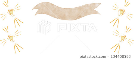 Christmas frame with golden stars and soft cloud white banner, hand-painted watercolor on white background. Elegant nativity style border for luxury cards, invitations, branding, and sacred designs 134408593