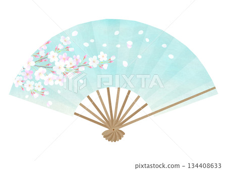 一幅描繪美麗櫻花的扇形插畫。 134408633
