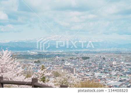 Tendo city with Sakura Cherry Blossom and snow mountain in Spring season, view from Tendo Park or Maizuru Park. Yamagata prefecture, Tohoku, Japan, 21 April 2025 Tendo city with Sakura Cherry Blossom and snow mountain in Spring season, view from Tendo Park or Maizuru Park. Yamagata prefecture, Tohoku, Japan, 21 April 2025 134408820