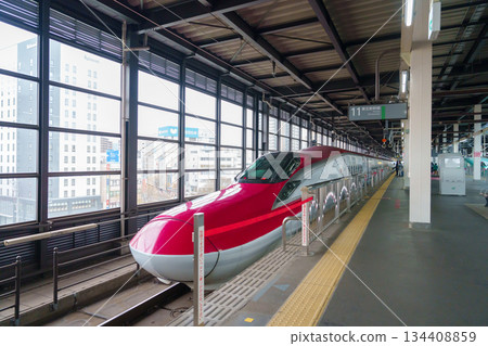 Akita Shinkansen, JR E6 Shinaknsen Bullet train arriving at Morioka Station platform for departing to Kakunodate Station. Morioka city, Iwate Prefecture, 23 April 2025 134408859