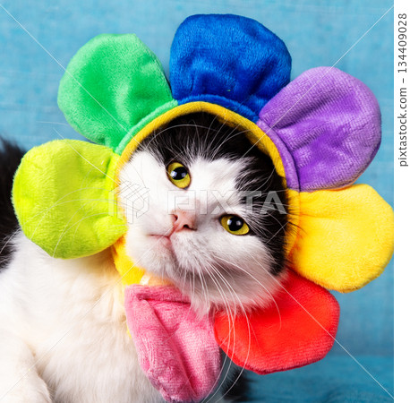 A fashion portrait of a cute black and white cat wearing a rainbow-colored flower-shaped hat 134409028