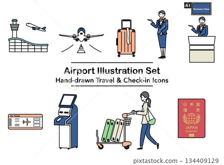 庫存插圖：一組展示機場和旅行報到的插圖 134409129