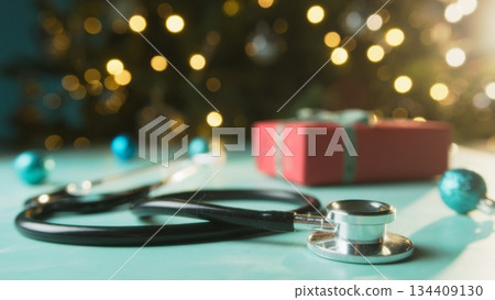 Stethoscope Near Christmas Gift From Doctor For Gift Treatment 134409130