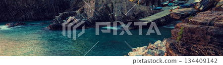 Village Riomaggiore in Cinque Terre at sunset, Italy 134409142