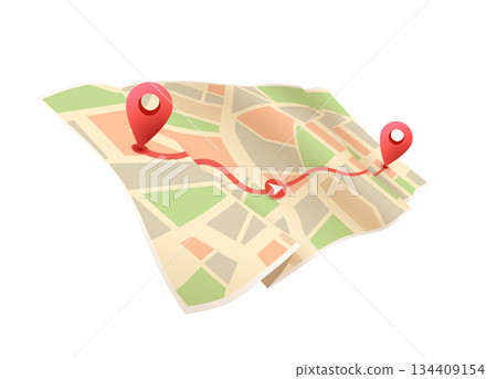 Paper map with red point. Local street gps navigate. City route navigation to marker. Geography distance plan. Vector illustration on white background Paper map with red point. Local street gps navigate. City route navigation to marker. Geography distance plan. Vector illustration on white background 134409154
