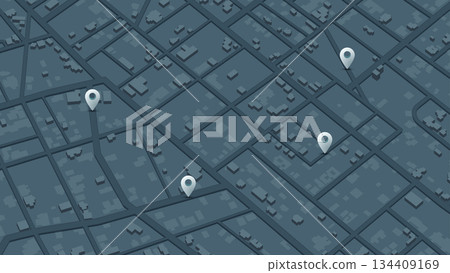 Isometric map with pins location on streets. Online navigation map pointer, place mark with map navigation. Pins with 3d buildings. Vector illustration Isometric map with pins location on streets. Online navigation map pointer, place mark with map navigation. Pins with 3d buildings. Vector illustration 134409169