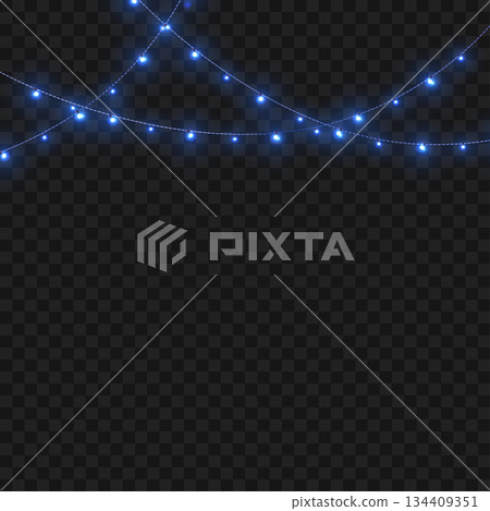 Christmas Blue Crossed Glowing String Lights Border on Transparent Background. Vector 134409351