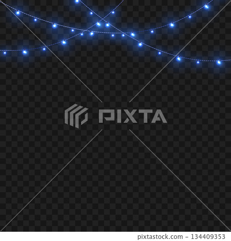 Christmas Blue Crossed Glowing String Lights Border on Transparent Background. Vector 134409353
