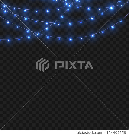 Christmas Blue Crossed Glowing String Lights Border on Transparent Background. Vector 134409358