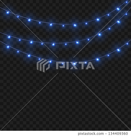 Christmas Blue Crossed Glowing String Lights Border on Transparent Background. Vector 134409360