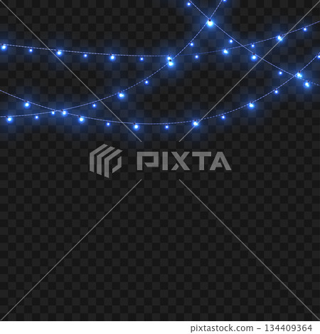 Christmas Blue Crossed Glowing String Lights Border on Transparent Background. Vector 134409364