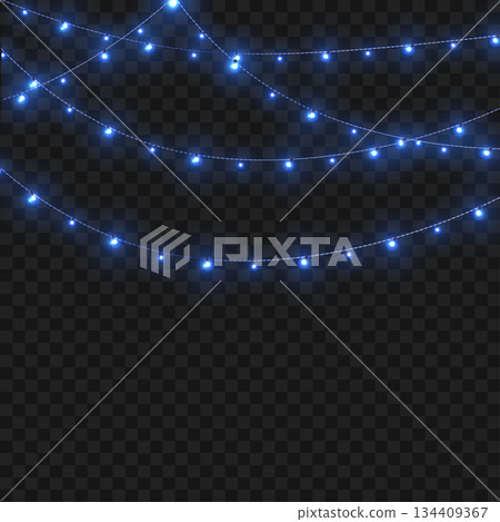 Christmas Blue Crossed Glowing String Lights Border on Transparent Background. Vector 134409367