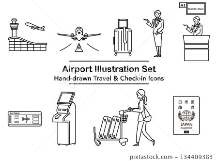 Stock Illustration: Line drawing illustration set showing airport and travel check-in 134409383