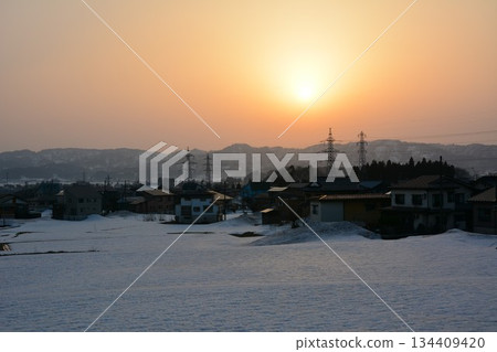 Rural evening and winter scenery 134409420