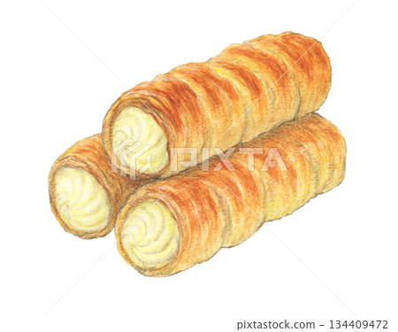Cream horn, cylindrical cream pie, watercolor and colored pencil illustration 134409472