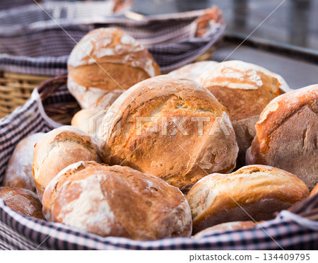 ruddy rolls of fresh warm grain bread 134409795
