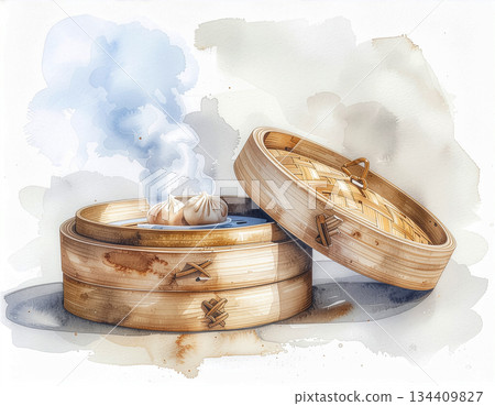 A warm illustration of Xiaolongbao with steam rising from a bamboo steamer | Xiaolongbao, steamer, steam, Chinese cuisine, dim sum 134409827