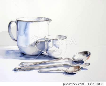 A simple composition of a stainless steel pitcher, cups, and measuring spoons lined up | Pitcher, Cup, Measuring Spoon, 134409830