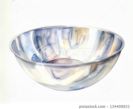 A simple illustration of a stainless steel mixing bowl on a white background | Bowl, stainless steel, cookware, white 134409831
