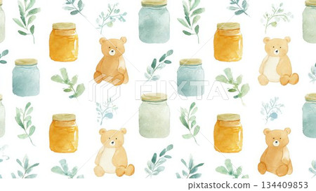 水彩風格的小熊蜂蜜圖案插畫素材 134409853