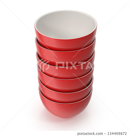 Stack of Red Ceramic Bowls on White Background Stack of Red Ceramic Bowls on White Background 134409872