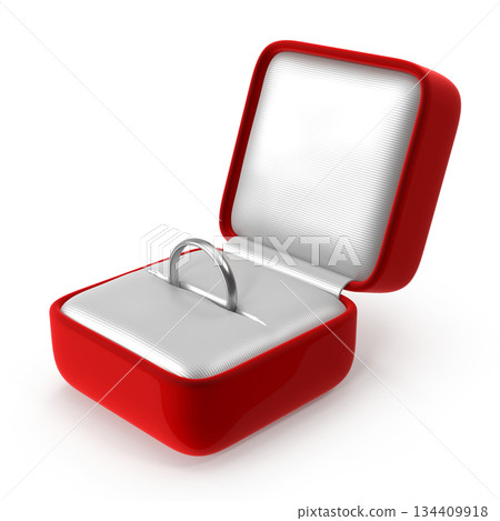 Silver Engagement Ring in Open Red Jewelry Box 134409918