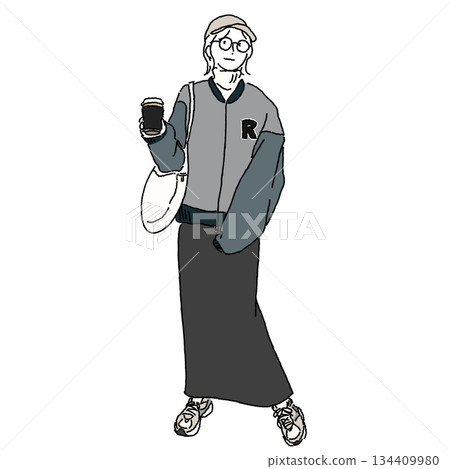身穿運動夾克和長裙的女性時尚插畫——休閒成人裝扮，配上咖啡 134409980