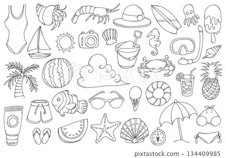 Summer Related Doodle vector set. Drawing sketch illustration hand drawn line eps10 134409985
