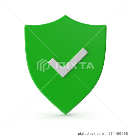 3D Green Shield with White Checkmark for Security and Validation 134409988