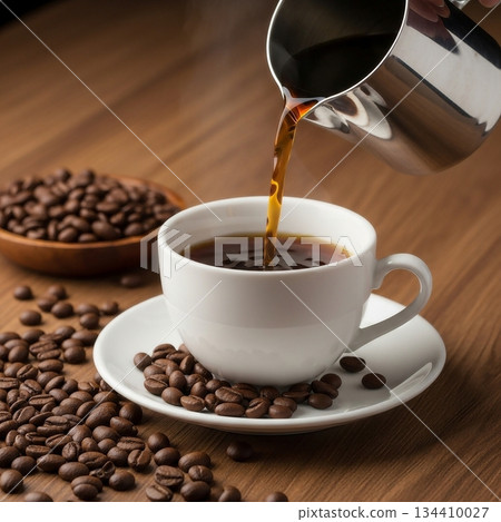 Freshly brewed coffee and coffee beans Freshly brewed coffee and coffee beans 134410027