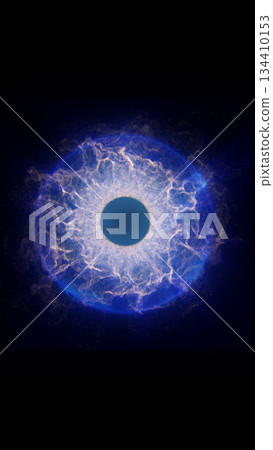 Electric blue energy ring glowing in darkness, resembling a digital eye or portal with lightning textures 134410153