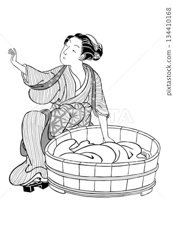 A woman in a kimono doing laundry, part 1 134410168