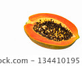 Close up photo of a half papaya isolated on white background, top view 134410195
