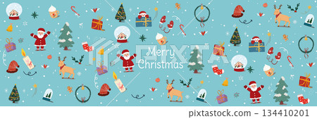 winter Christmas pattern background, with text Merry Christmas and cute cartoon of Santa Claus, ornament, Christmas tree, gift box, candy canes, reindeer, snow globe, sock isolated on light green 134410201