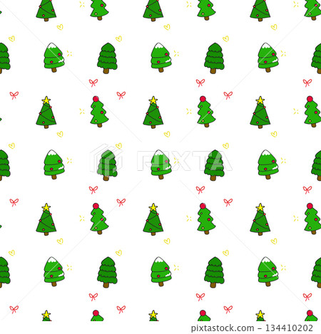 winter Christmas tree seamless pattern background, cute drawing cartoon of Christmas pine tree with ornament isolated on white background, flat minimal style 134410202